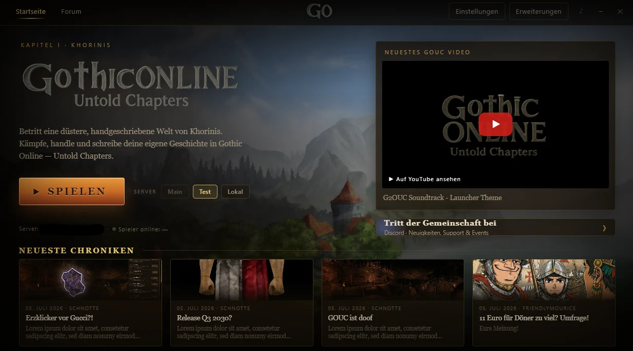 Der GOUC-Launcher: Spielen-Button, Serverwahl, Community-News und Videos in einer Oberfläche